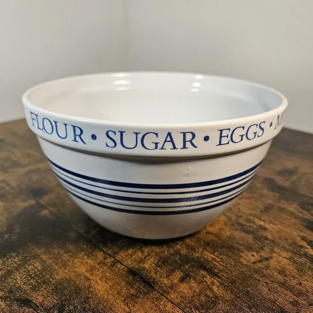 Vtg Farmhouse Ceramic Mixing Bowl Blue Stripe Rim Flour Sugar Eggs Baking 8